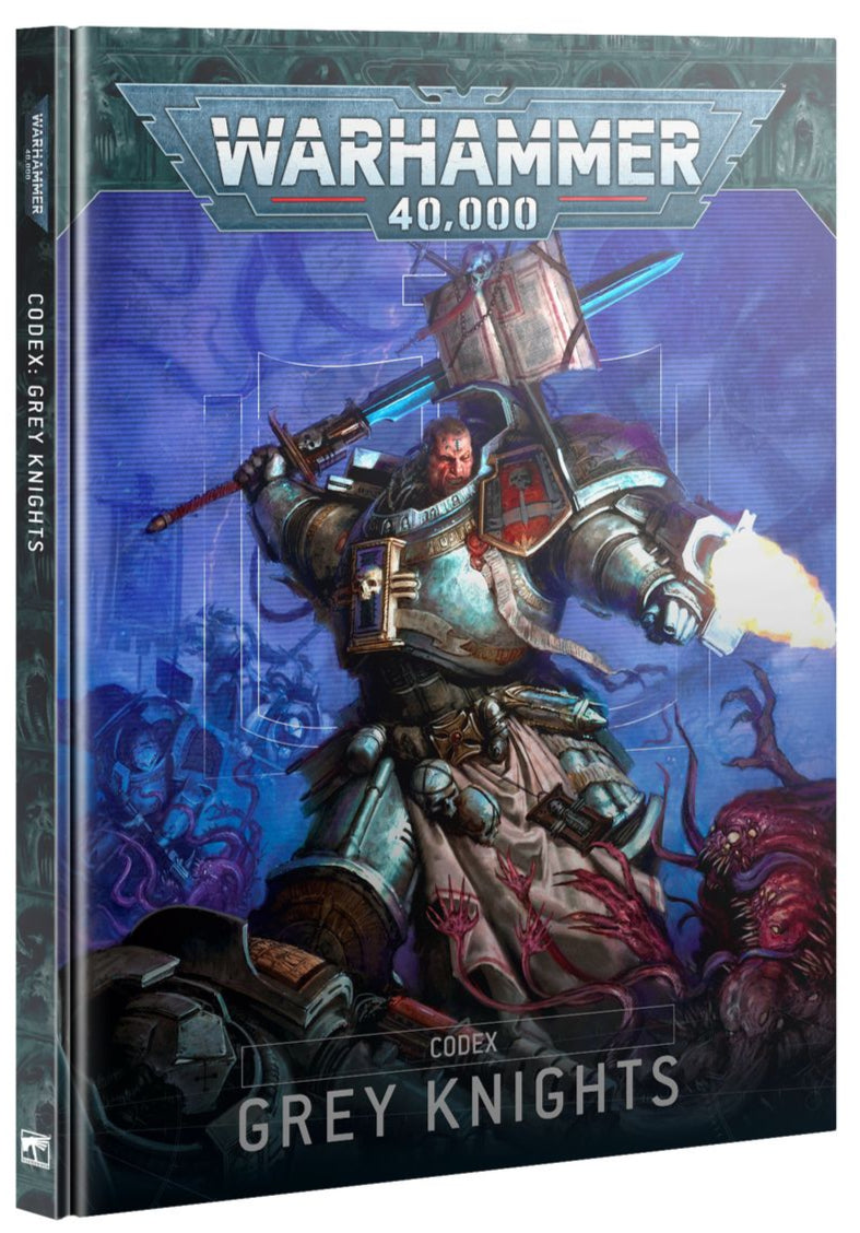 Book titled 'Warhammer 40,000 Codex: Grey Knights' with a warrior illustration on the cover.