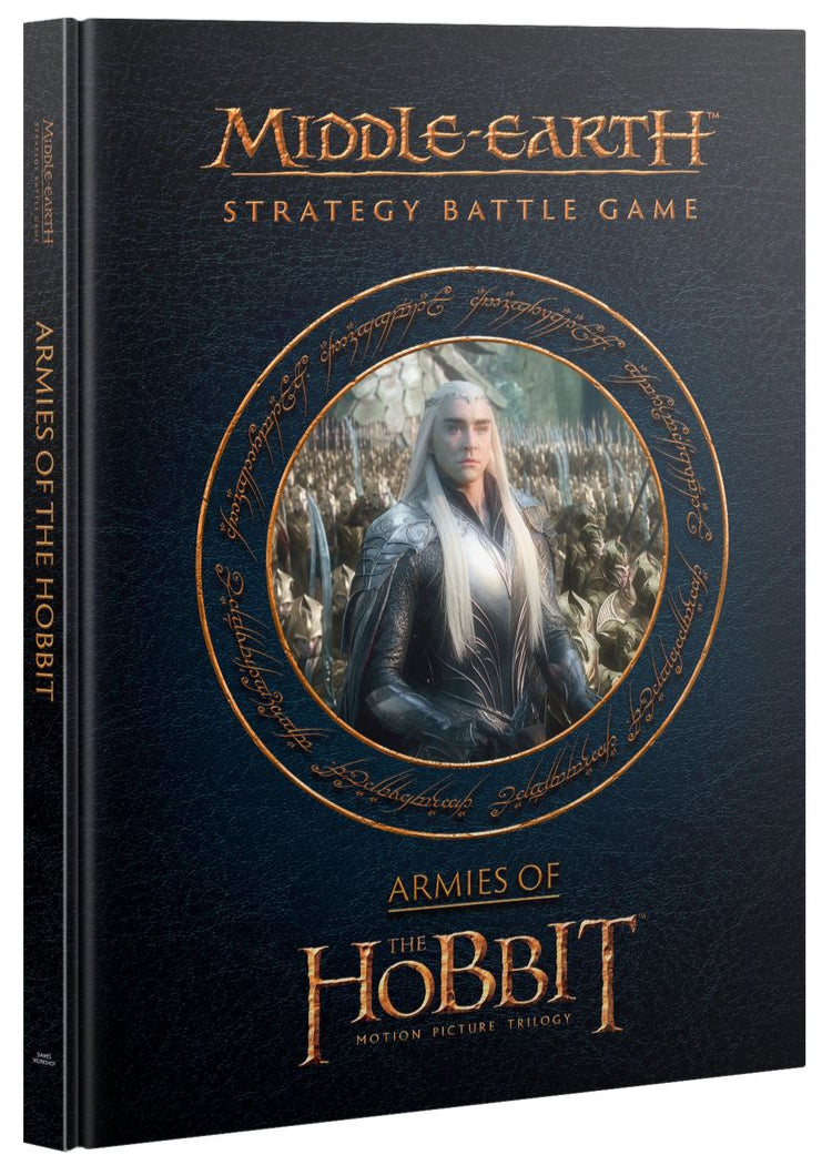 Book cover of 'Middle-earth Strategy Battle Game: Armies of the Hobbit' with a character illustration on a dark background.