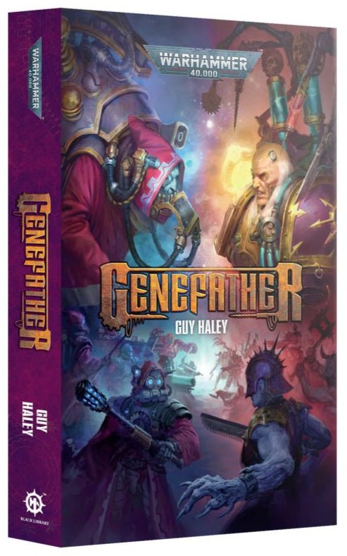 Book titled 'Genefather' by Guy Haley with Warhammer branding on a white background
