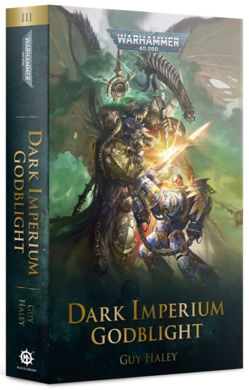 Book titled 'Dark Imperium Godlight' by Guy Haley on a white background