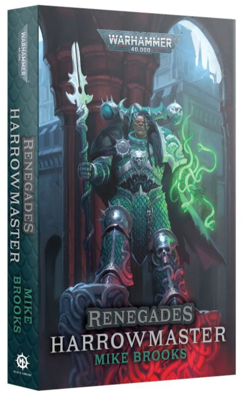 Book cover of 'Renegades: Harrowmaster' by Mike Brooks with a warrior character illustration on a white background.