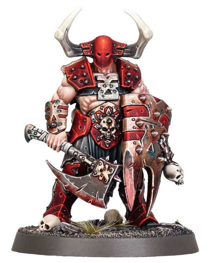 Warrior figurine with red and silver armor, holding a sword and axe on a white background