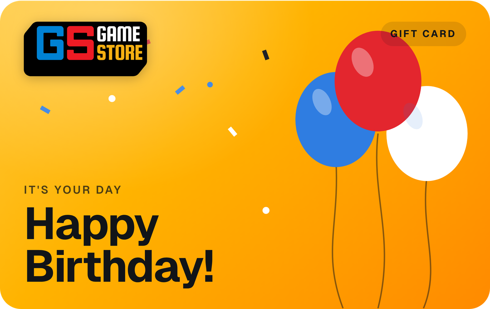 GameStore gift card, Birthday theme: yellow card with balloons and confetti, "Happy Birthday!"
