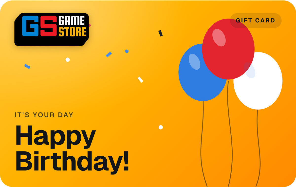 GameStore gift card, Birthday theme: yellow card with balloons and confetti, "Happy Birthday!"