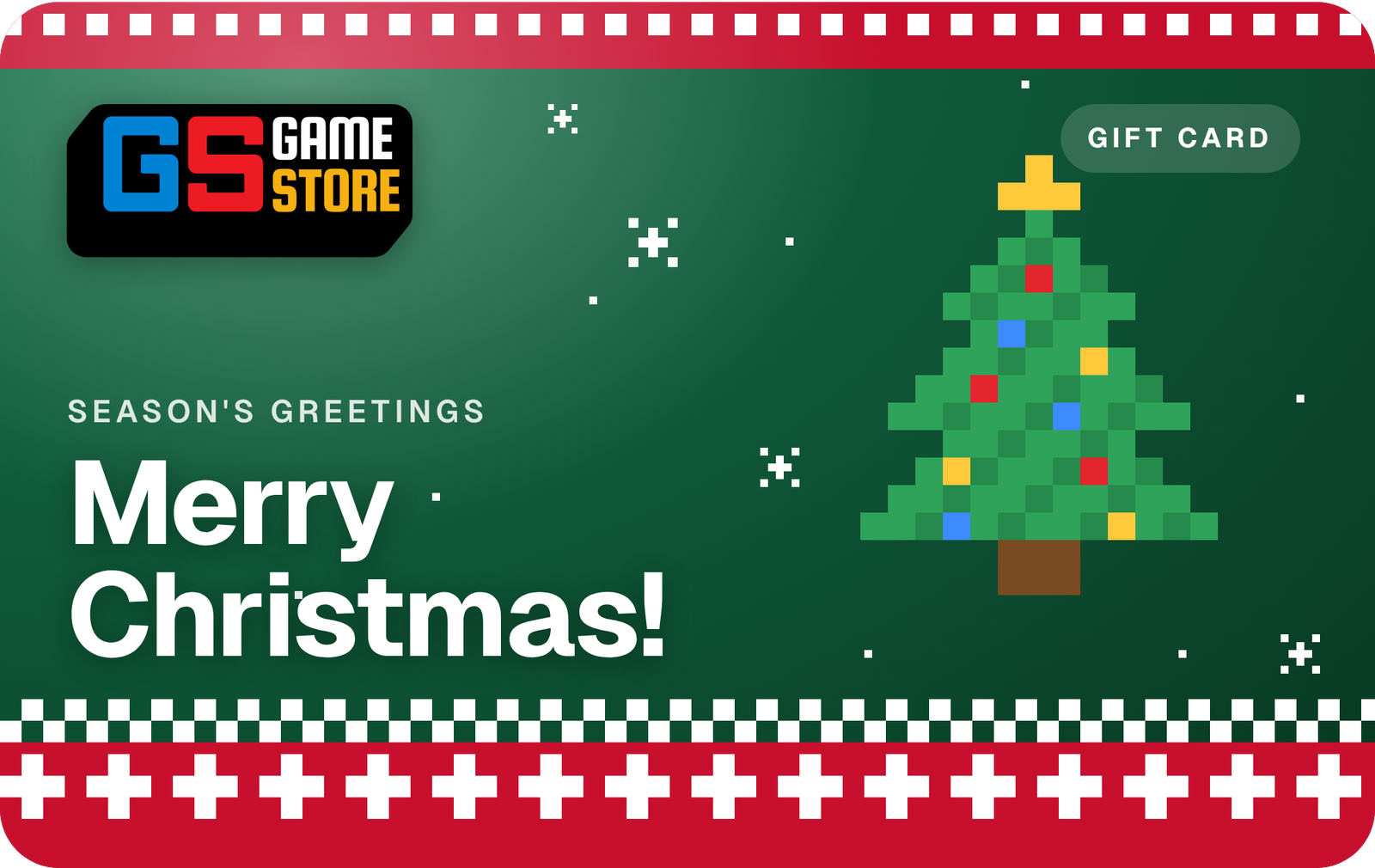 GameStore gift card, Christmas theme: green pixel Christmas-jumper design with a pixel tree, "Merry Christmas!"