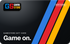 GameStore gift card, Standard theme: black card with blue, red and yellow stripes, "Game on."